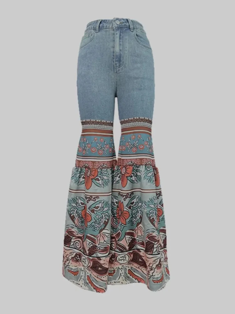 2025 New Female Vintage Floral Printed Patchwork Jeans Women High Waist Slim Fit Casual High Street Flared Pants Trousers SALESTE'