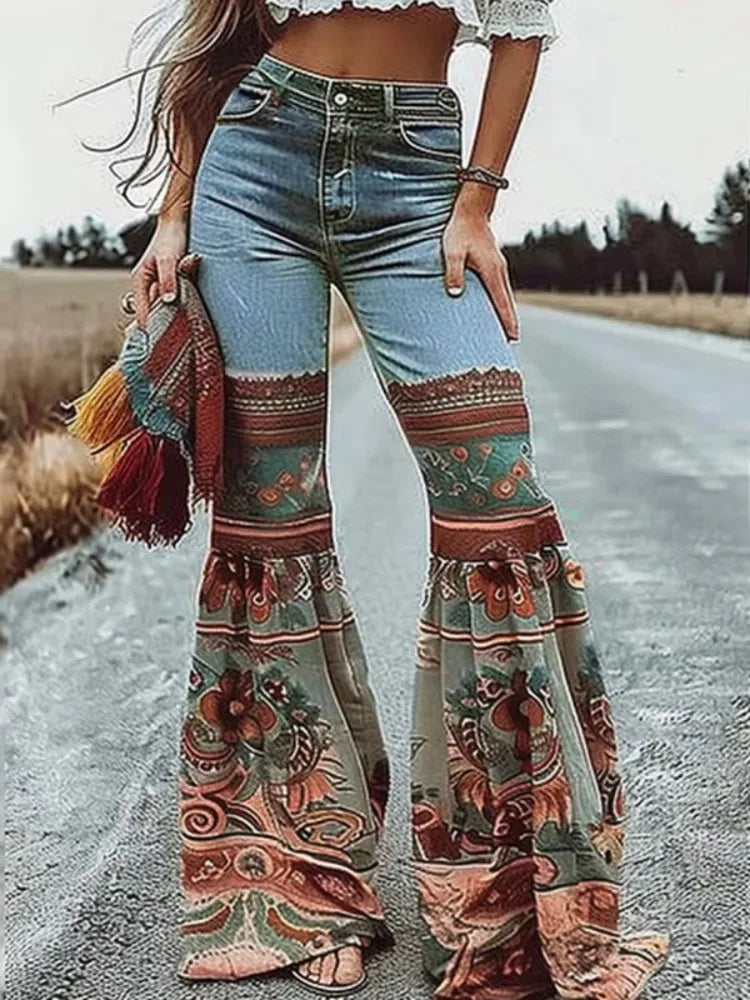 2025 New Female Vintage Floral Printed Patchwork Jeans Women High Waist Slim Fit Casual High Street Flared Pants Trousers SALESTE'