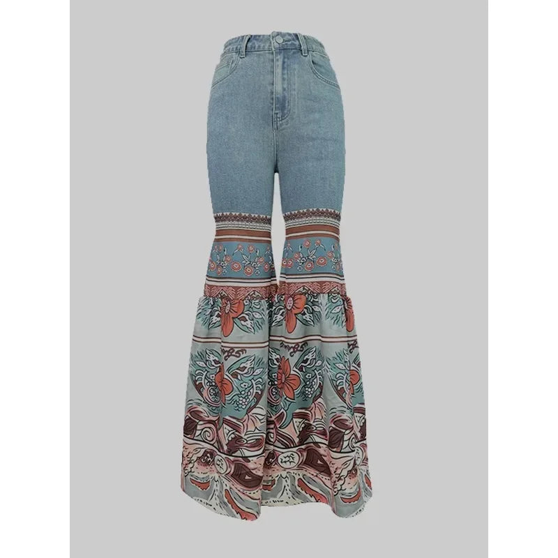 2025 New Female Vintage Floral Printed Patchwork Jeans Women High Waist Slim Fit Casual High Street Flared Pants Trousers SALESTE'