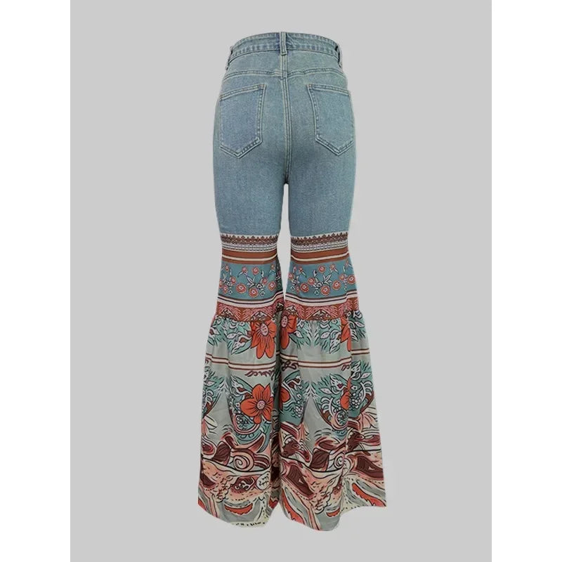 2025 New Female Vintage Floral Printed Patchwork Jeans Women High Waist Slim Fit Casual High Street Flared Pants Trousers SALESTE'