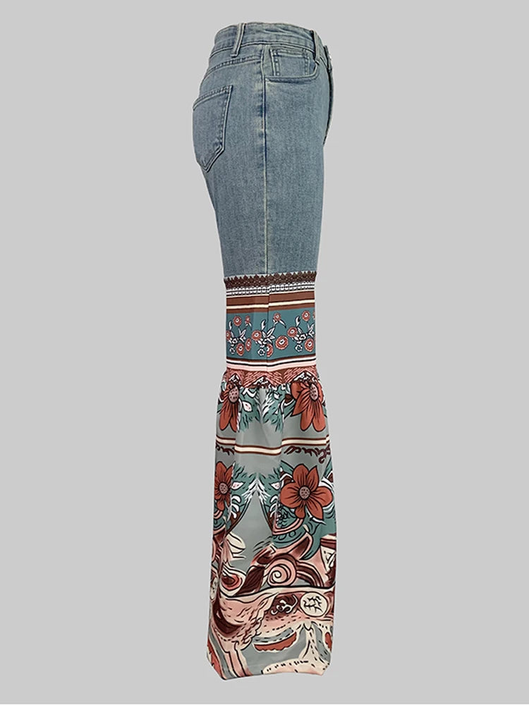 2025 New Female Vintage Floral Printed Patchwork Jeans Women High Waist Slim Fit Casual High Street Flared Pants Trousers SALESTE'