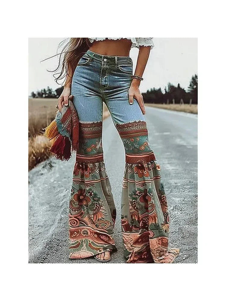 2025 New Female Vintage Floral Printed Patchwork Jeans Women High Waist Slim Fit Casual High Street Flared Pants Trousers SALESTE'