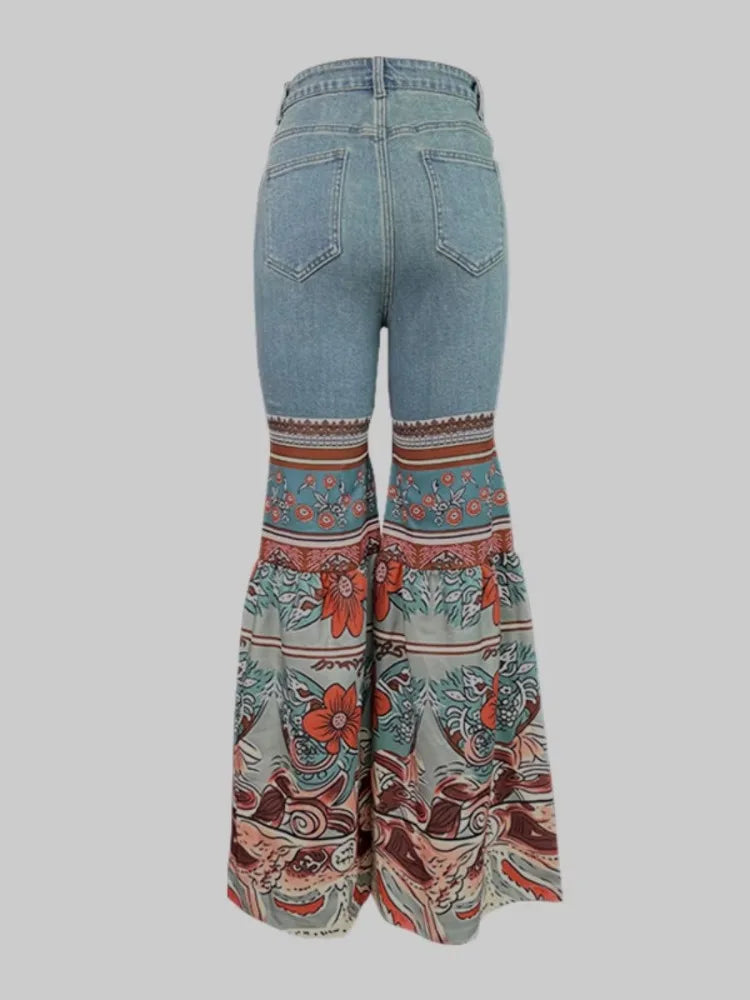 2025 New Female Vintage Floral Printed Patchwork Jeans Women High Waist Slim Fit Casual High Street Flared Pants Trousers SALESTE'